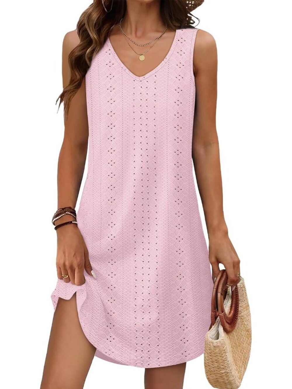 Women's Summer Dress Pink V Neck Sleeveless Dress Sundresses Swimsuit Coverup